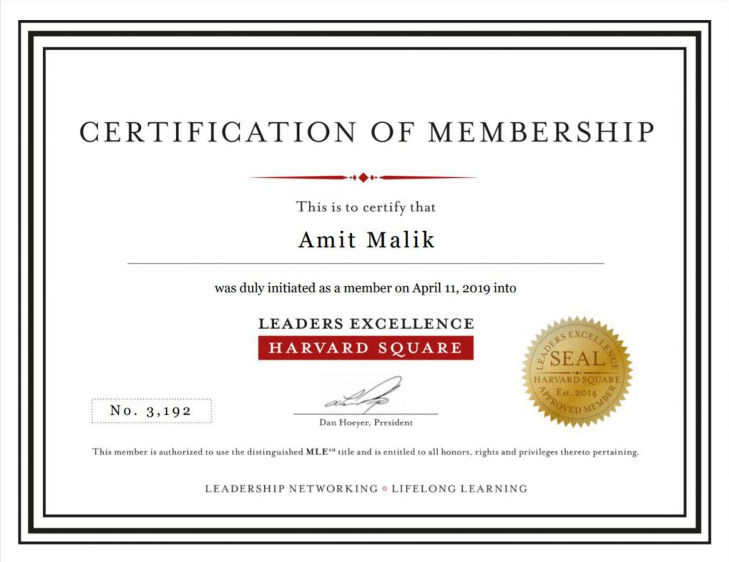 Certified member of Leaders Excellence at Harvard Square Amit Malik