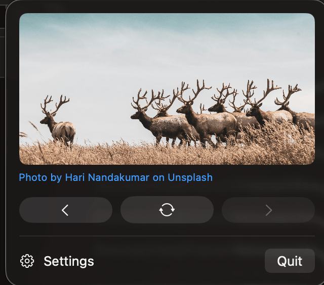 Daily Frame menu showing a daily Unsplash wallpaper with Previous, Change and Next controls