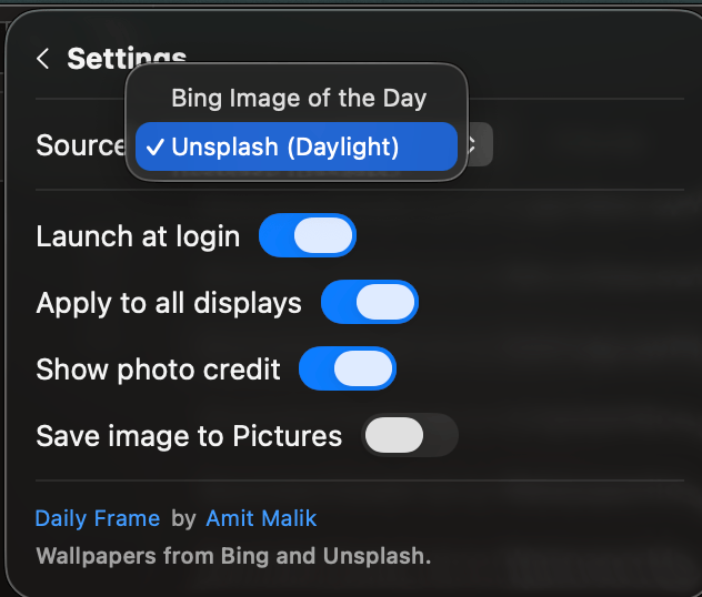 Daily Frame settings: choose Bing or Unsplash, launch at login, apply to all displays, show photo credit, and save to Pictures